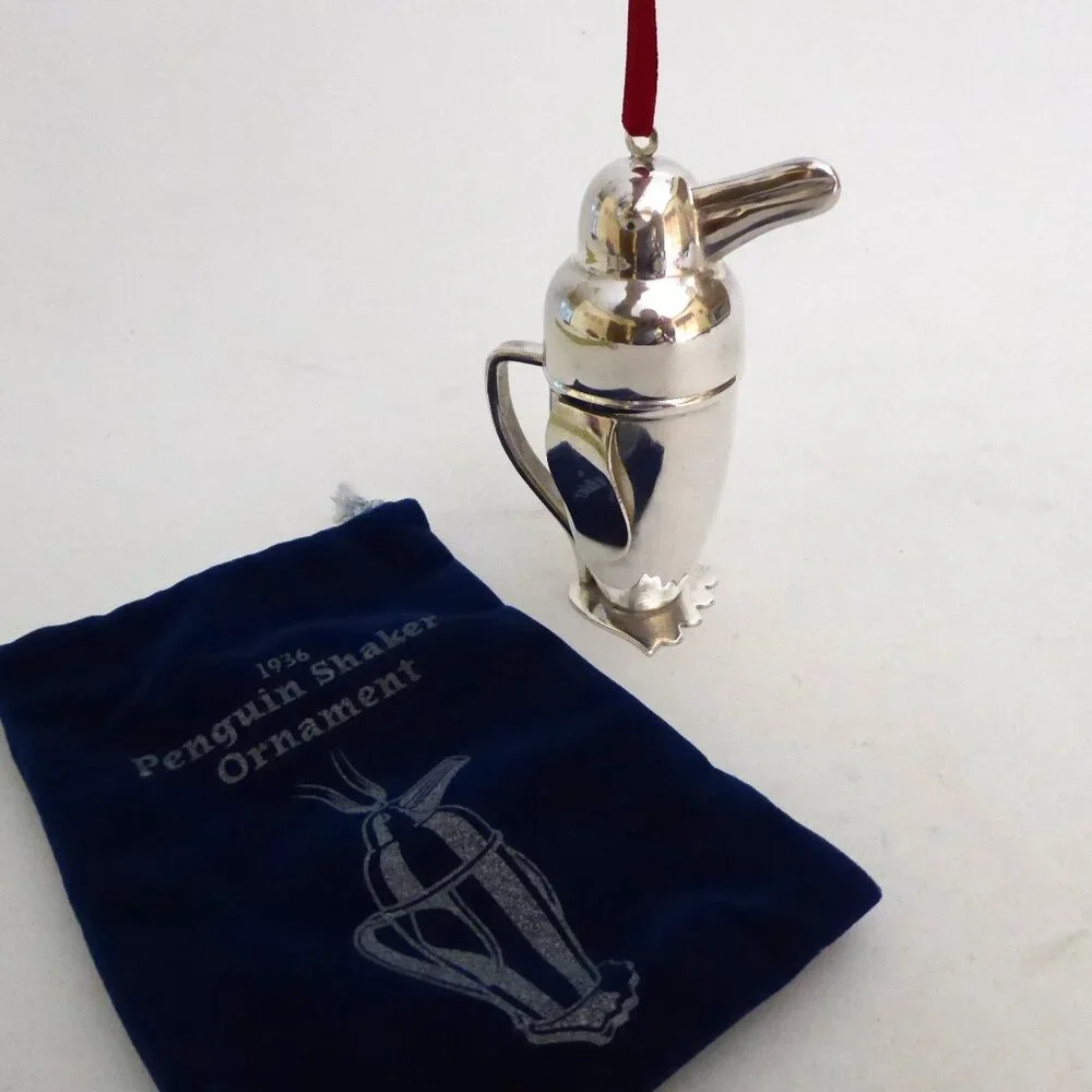 NEW 4.5” RESTORATION HARDWARE PENGUIN SILVER COCKTAIL SHAKER CHRISTMAS ORNAMENT